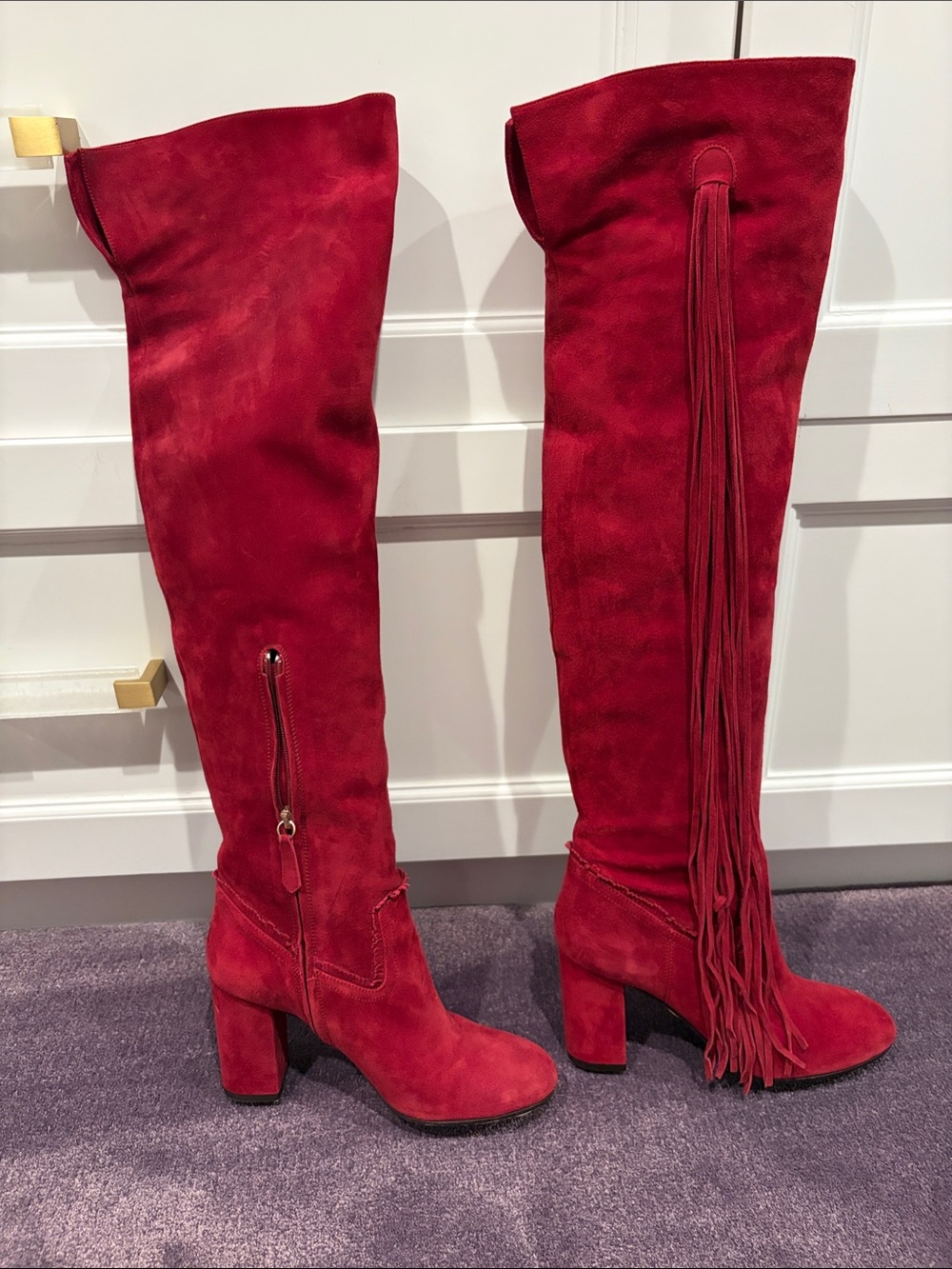 Aquazzura Red Suede Over-The-Knee Fringe Boots